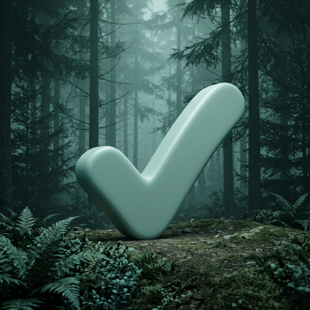 A large pale-green check mark standing in a misty pine forest, an illustration